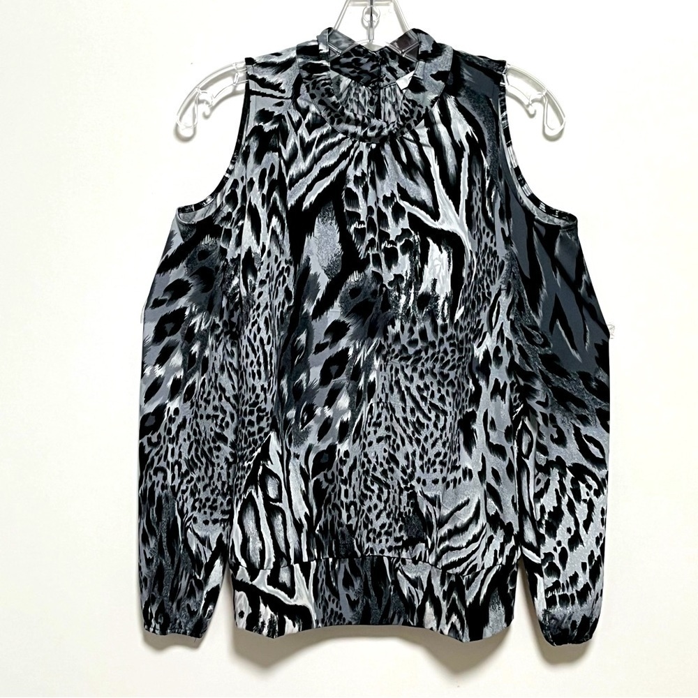 Cach’e regal black grey high collar cold shoulder long sleeve chiffon blouse